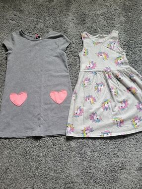Girls' Gray & White Unicorn Dress & Gray W/ Pink Heart Accent Bundle Size 6x